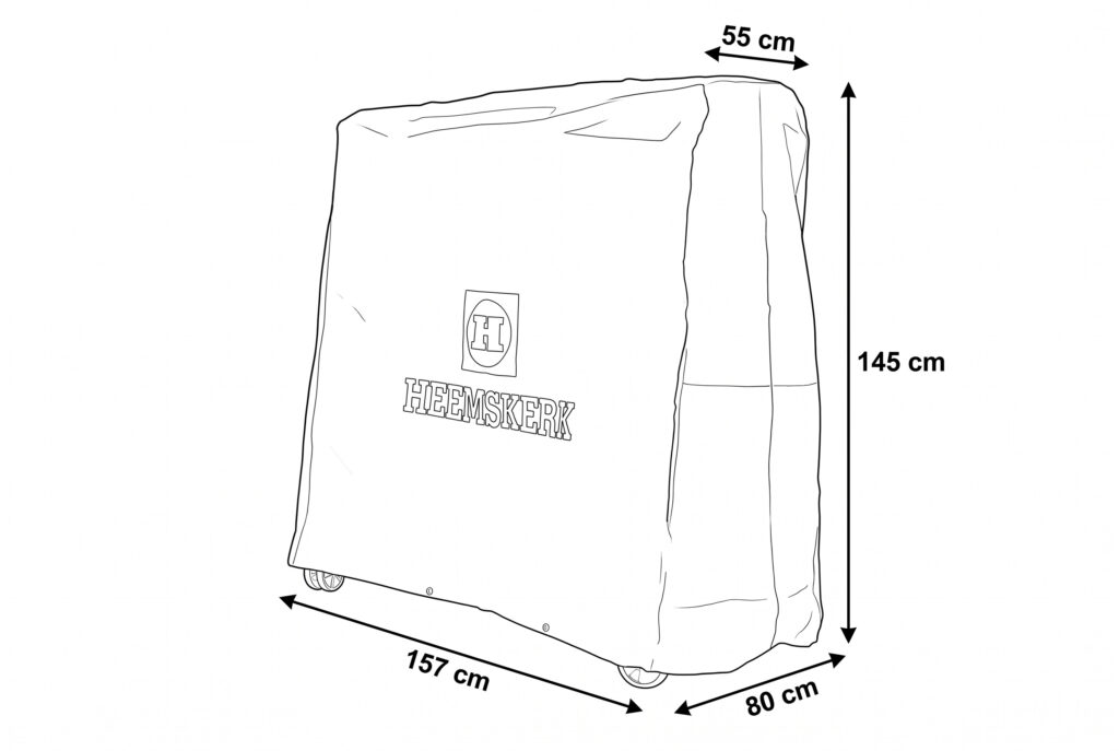 maatschets van de Heemskerk hoes voor een ingeklapte tafeltennistafel met 145 cm hoogte en 55 cm breedte