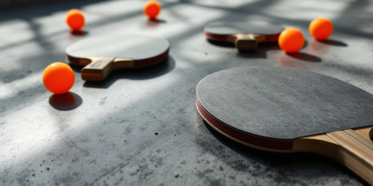 Betonnen tafeltennisbatjes en oranje pingpongballen op gestructureerd betonoppervlak met dramatische belichting