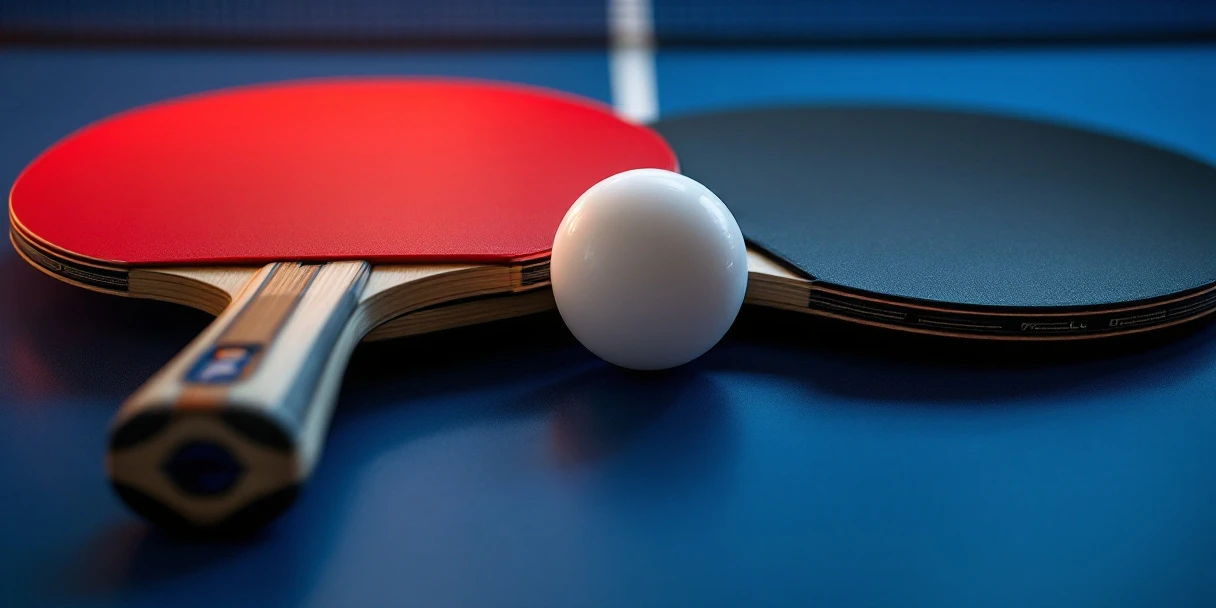 Professionele tafeltennisbatjes met rode en zwarte rubbers gekruist met witte pingpongbal op blauwe ondergrond