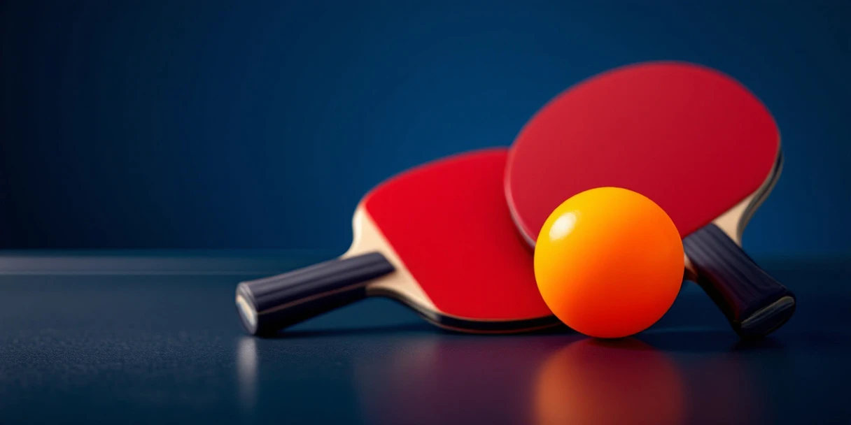 Oranje pingpongbal met professionele rode en zwarte tafeltennisbatjes gekruist op donkere ondergrond