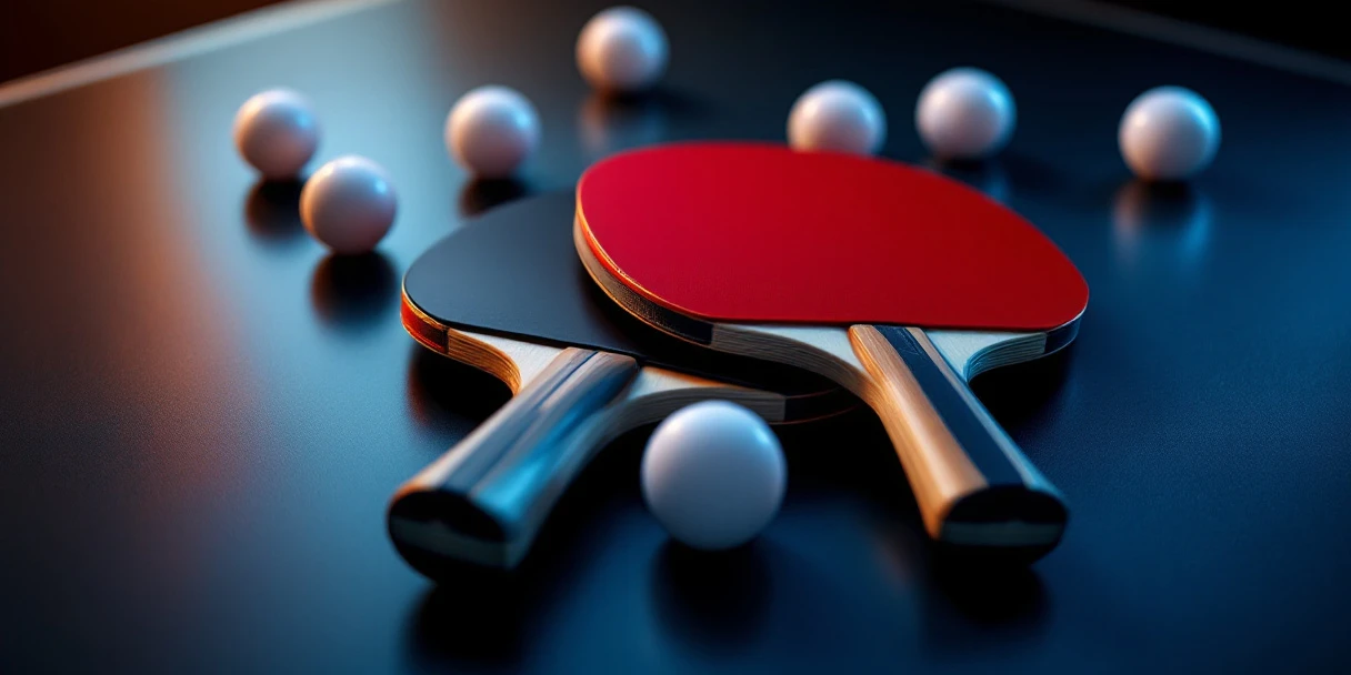 Professionele tafeltennisbatjes met rode en zwarte rubbers gekruist met witte pingpongballen op donkere ondergrond