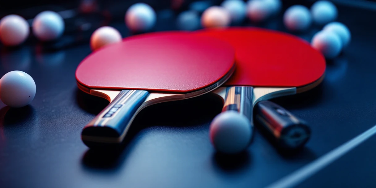 Professionele rode en zwarte tafeltennisbatjes gekruist op donkere ondergrond met witte pingpongballen eromheen