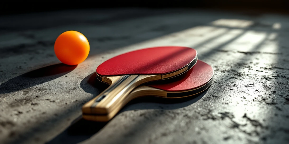 Oranje pingpongbal en houten batjes met rood-zwarte rubbers op betonnen ondergrond met dramatische belichting