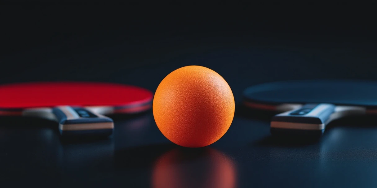 Oranje tafeltennis bal met rode en zwarte batjes op donkere ondergrond met professionele studiobelichting