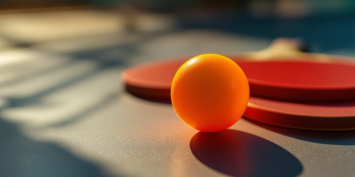 Professionele tafeltennisuitrusting met oranje pingpongbal en rode en zwarte batjes op neutrale achtergrond