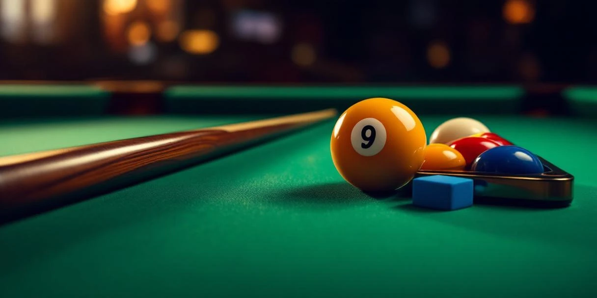 Professionele biljartaccessoires op groene poolbiljarttafel: houten cue, witte en gele ballen, driehoekige rack en krijt