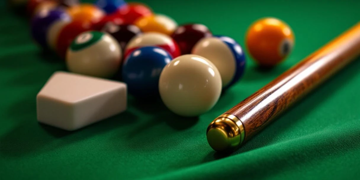 Biljartballen, keu en krijt op groene poolbiljarttafel met professionele verlichting en scherpe schaduwen