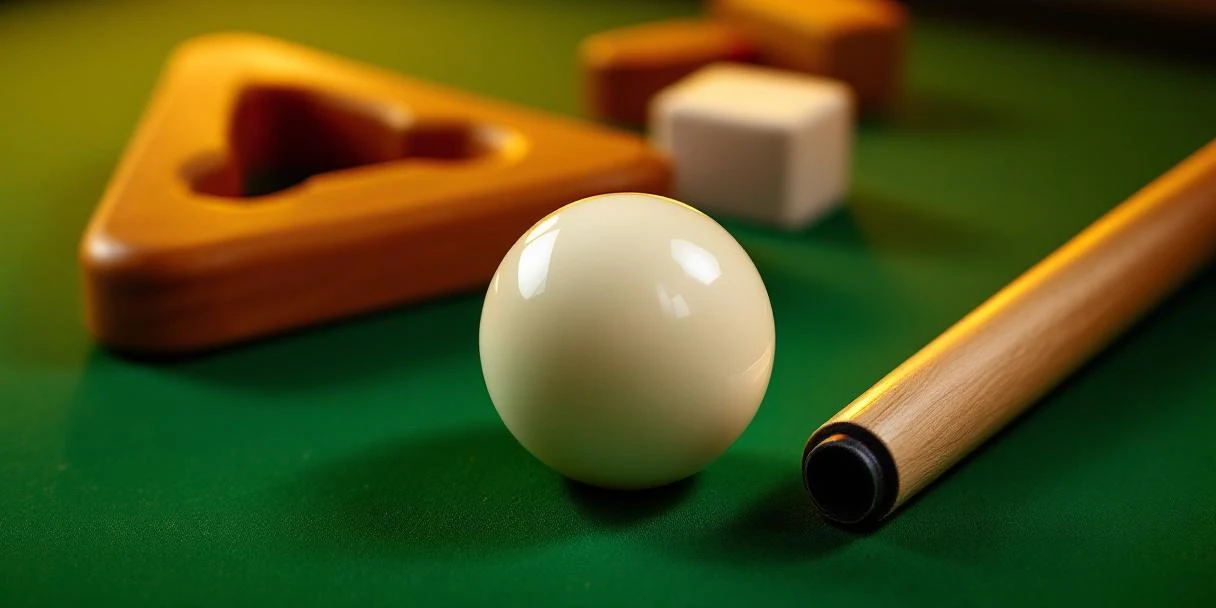 Witte biljartbal omringd door houten keu, krijtblokje en driehoekrek op groen vilt met dramatische belichting