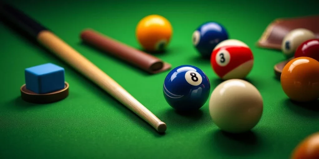Biljartaccessoires op groene vilt: houten keu, gekleurde ballen, krijt en leren houder in warm licht