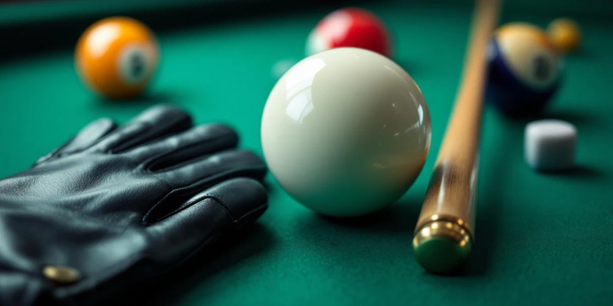 Witte poolbal omringd door leren handschoen, houten keu en gekleurde ballen op groen poolbiljartlaken