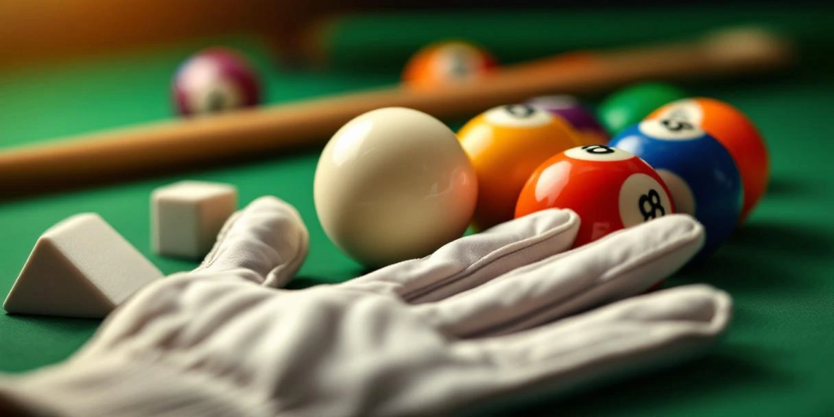 Professionele biljartaccessoires op groene vilt: witte bal, gekleurde ballen, keu, handschoen en krijt met warme verlichting