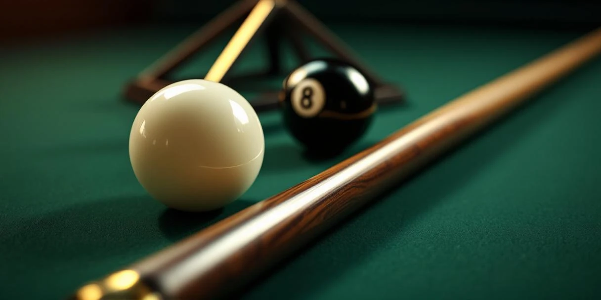 Professionele poolballen en keu op groene vilt met dramatische verlichting en glanzende reflecties