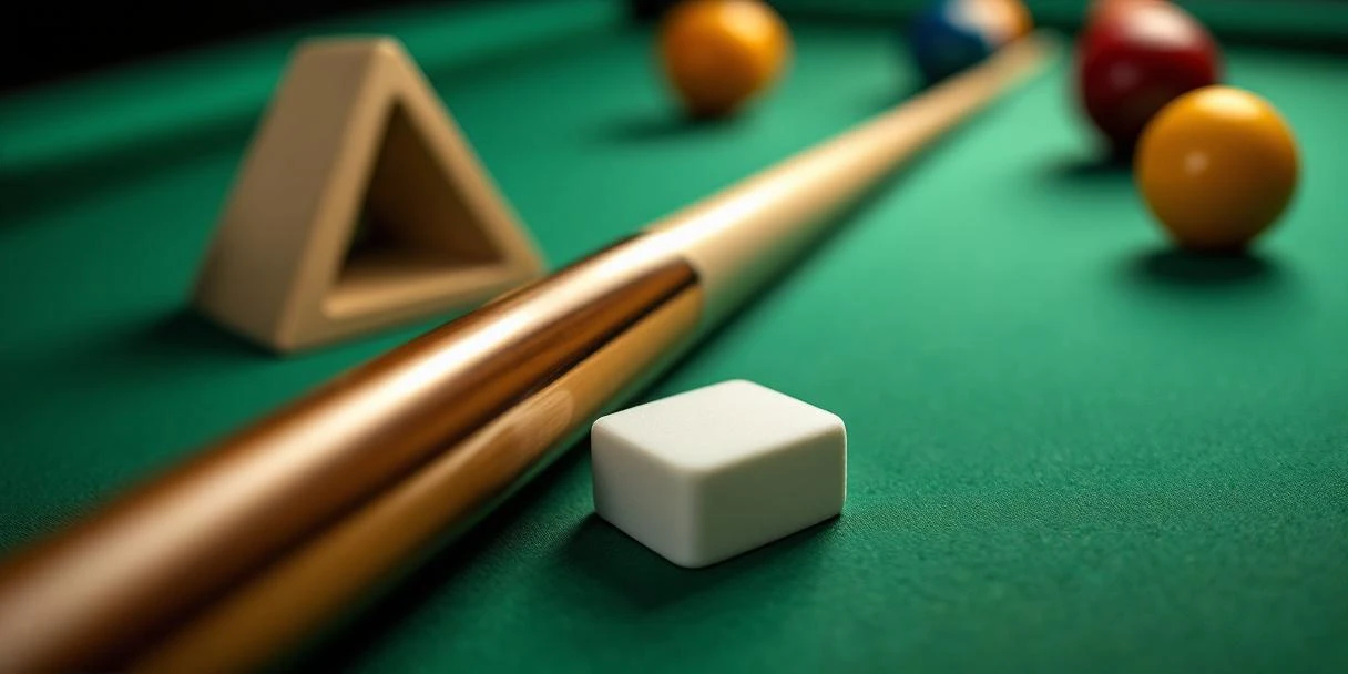 Professionele poolkeu met leren tip, krijt, driehoeksrek en biljartballen op groene vilt ondergrond