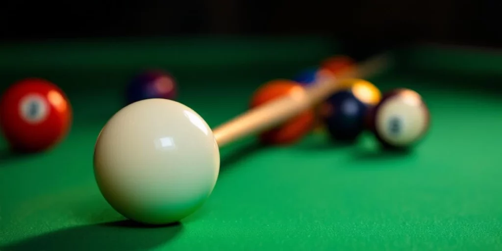 Witte speelbal en houten keu op groene biljartlaken met gekleurde ballen op de achtergrond