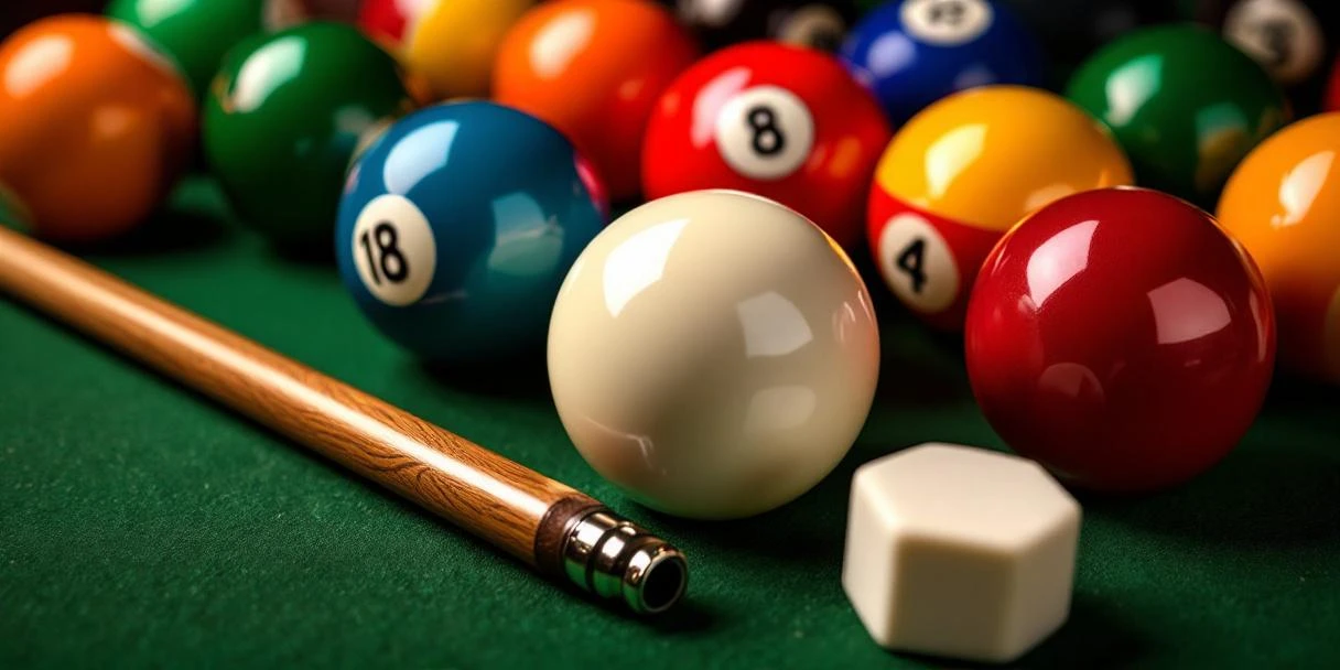 Poolballen en keu op groene vilt met chromen rek en krijt, dramatische verlichting benadrukt texturen