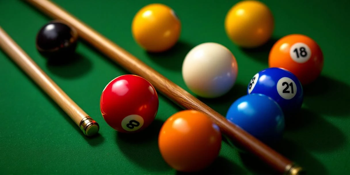Professionele poolballen en keu op groen biljartlaken met dramatische verlichting en glanzende oppervlakken