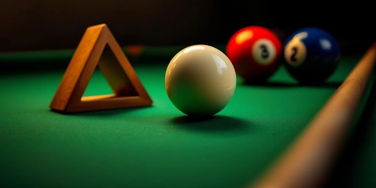 Witte speelbal op groene biljartlaken omringd door gekleurde ballen, driehoekrek en keu onder warme verlichting