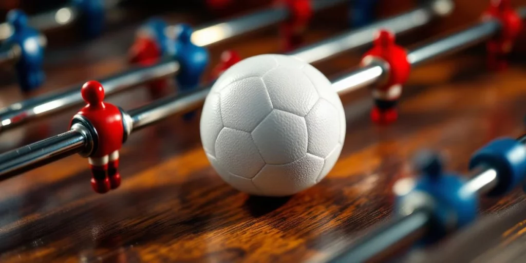 Witte voetbalbal omringd door chrome tafelvoetbal stangen met rode en blauwe spelers op houten oppervlak