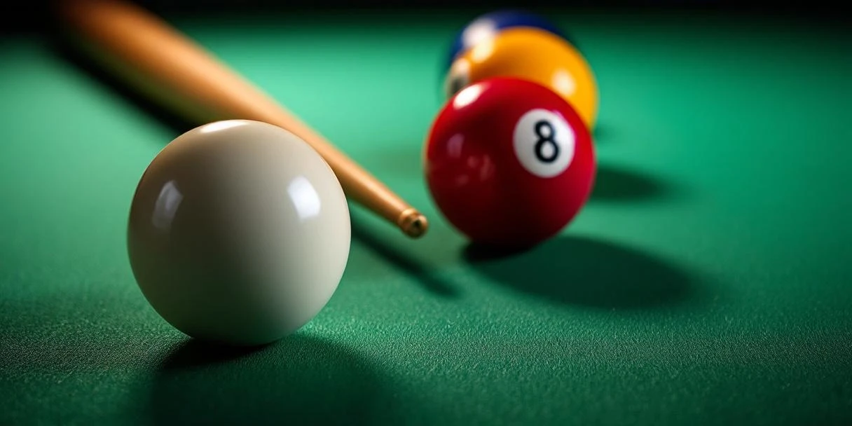 Poolballen en keu op groene biljartlaken met dramatische belichting en schaduwen
