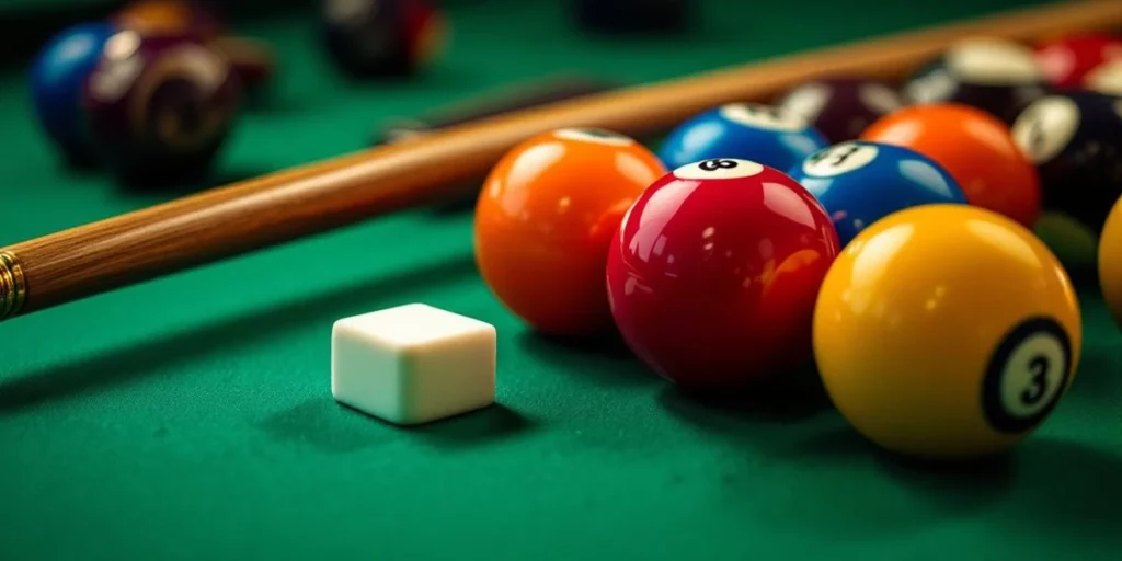 Professionele pooluitrusting op groene vilt: houten keu, gekleurde biljartballen, krijt en lederen tip gereedschap