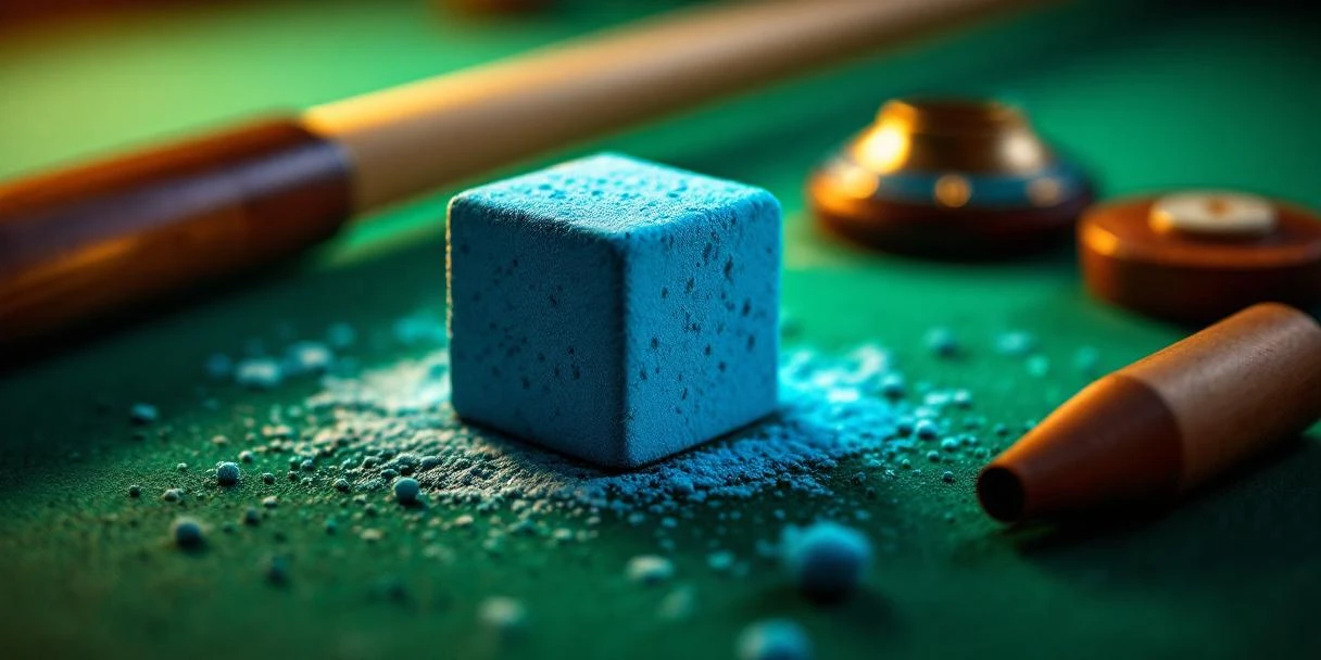 Blauwe biljartkrijtblokje op groen vilt met houten keu-onderdelen en leren punt-vormgereedschap eromheen