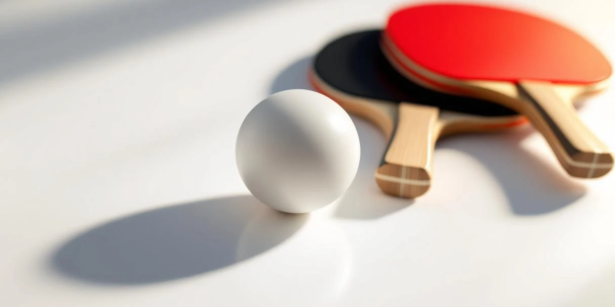 Witte tafeltennisbal met oranje naad op schone ondergrond, omringd door professionele rode en zwarte batjes