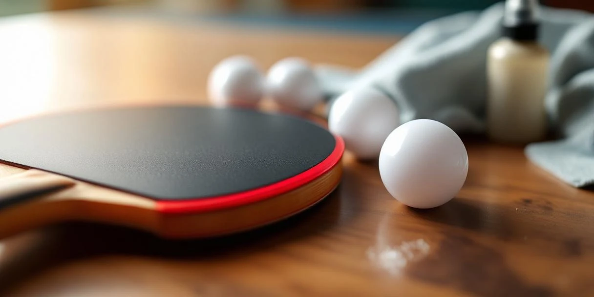 Professionele tafeltennisbat met gestructureerd rubber op houten tafel, omringd door pingpongballen en schoonmaakspullen
