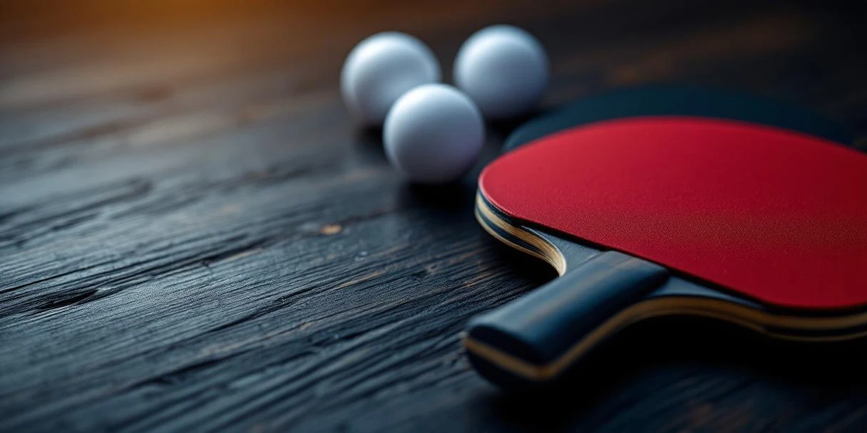 Tafeltennis batjes met rode en zwarte rubbers gekruist op donker hout met drie witte pingpongballen