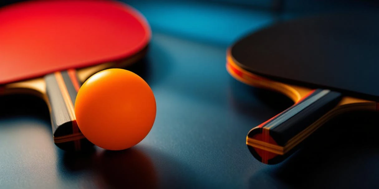 Oranje tafeltennisbal met professionele batjes op donkere ondergrond, dramatische studiobelichting benadrukt kwaliteit
