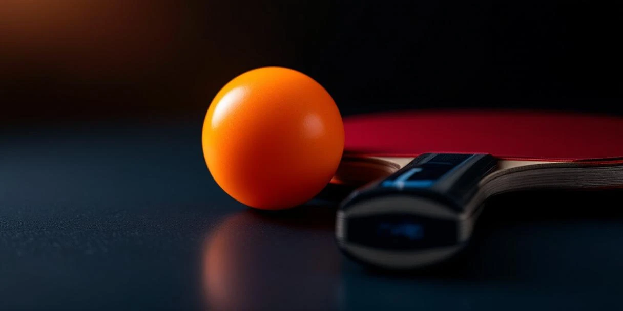 Premium tafeltennisbal en -batje met professionele studiobelichting tegen donkere achtergrond