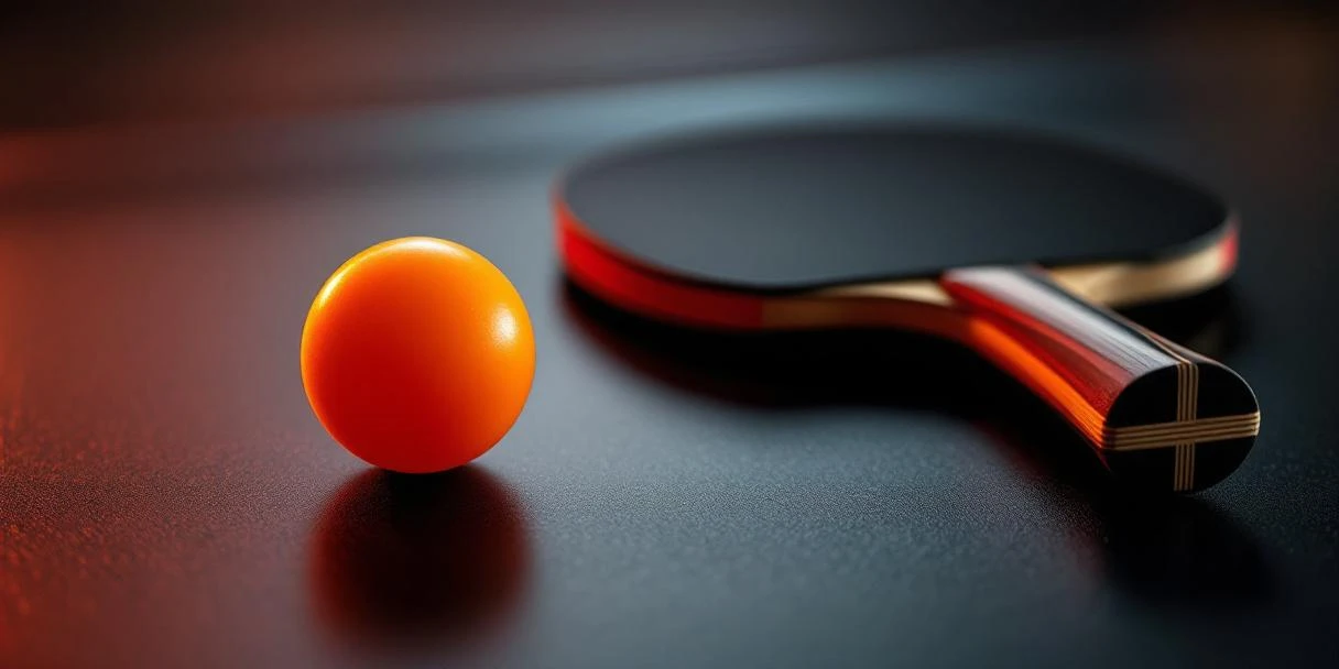 Professionele tafeltennisuitrusting met oranje pingpongbal en rood-zwarte bat op donkere ondergrond met studiobelichting
