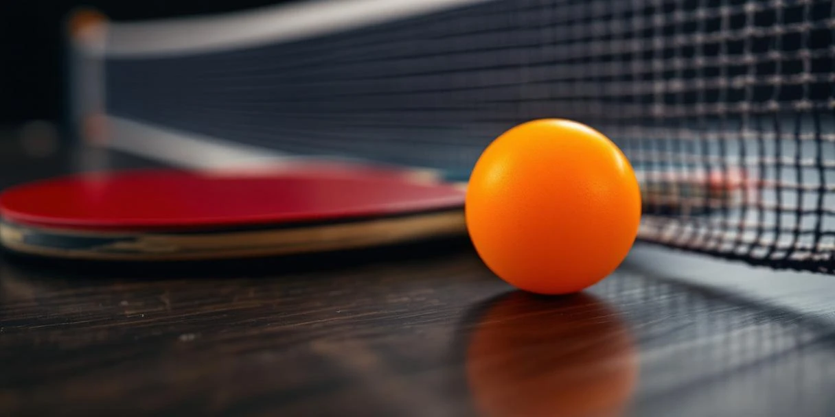 Professionele tafeltennis uitrusting met oranje pingpongbal en rode bat op donker hout met net op achtergrond