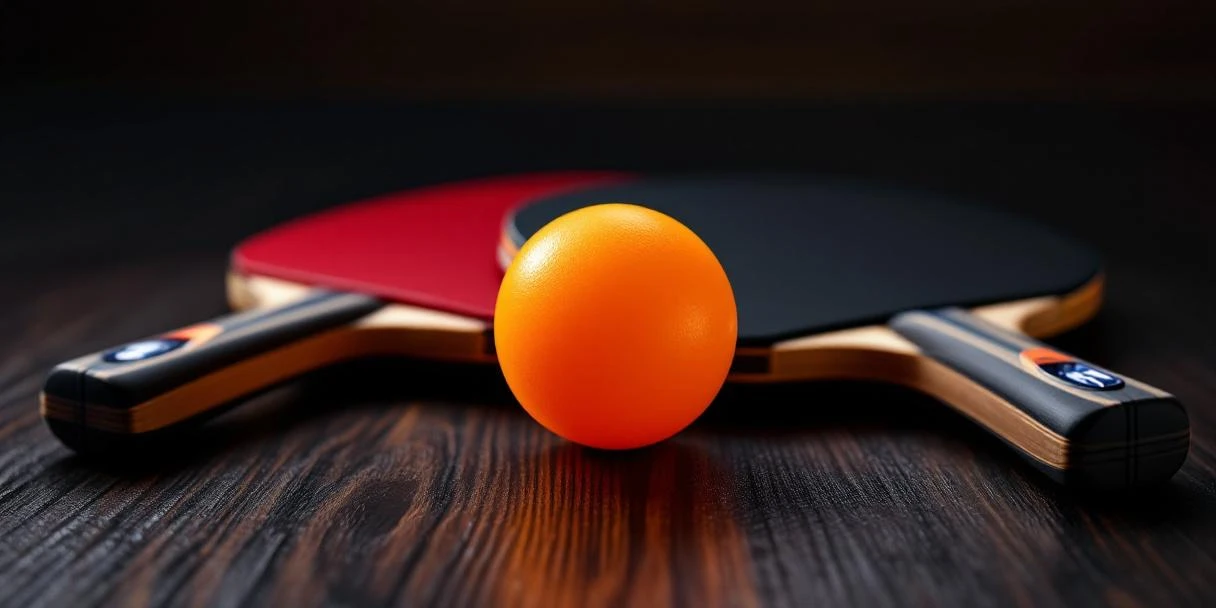 Professionele tafeltennis peddels met oranje pingpongbal op donkere houten ondergrond met dramatische studioverlichting