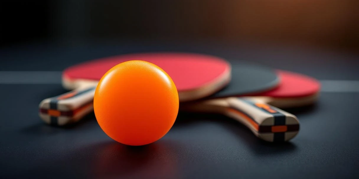 Professionele tafeltennisbatjes met rode en zwarte rubber en oranje pingpongbal op donkere ondergrond