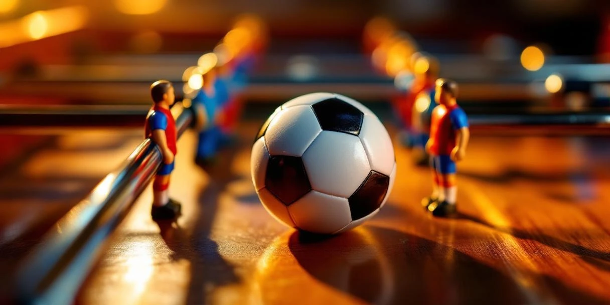 Tafelvoetbal accessoires op houten oppervlak: witte voetbal, rode en blauwe speler figuren, chromen bedieningsstaven