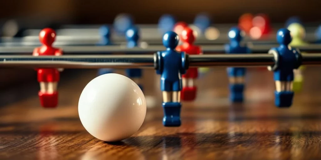 Tafelvoetbal accessoires met witte bal en rode en blauwe spelers op houten ondergrond met chromen stangen