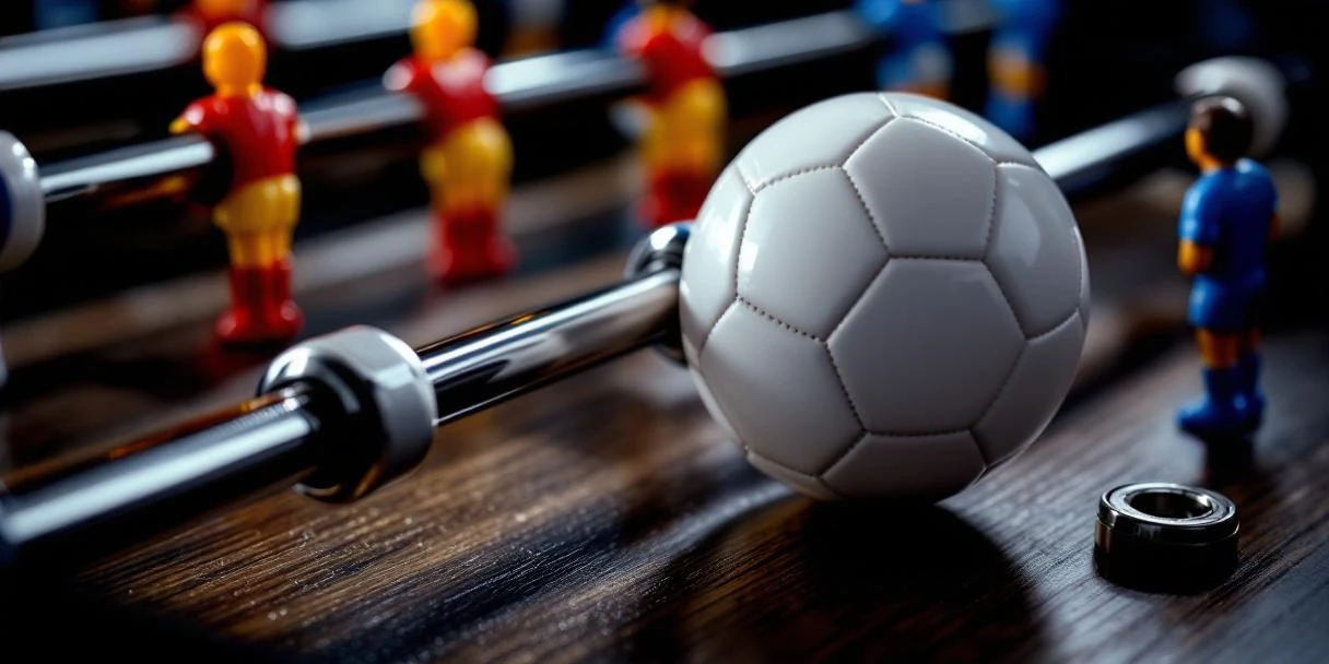 Witte voetbal omringd door tafelvoetbal accessoires zoals chromen stangen en gekleurde spelers op donker hout.