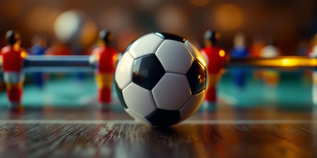 Voetbaltafel accessoires met zwart-witte bal, chromen stangen en gekleurde spelers op donker houten oppervlak