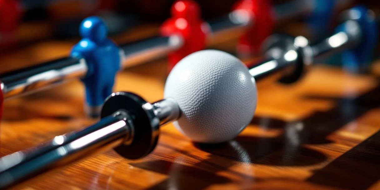 Tafelvoetbal accessoires op houten oppervlak: chromen stangen met rode en blauwe spelers, witte bal en doelstukken