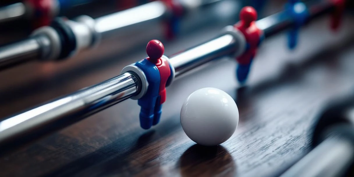 Witte tafelvoetbalbal en chromen stangen met rode en blauwe spelers op donkere houten ondergrond