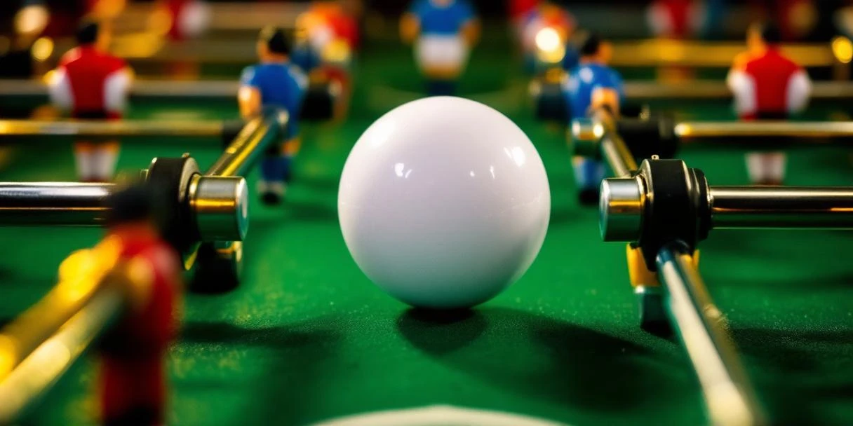 Witte tafelvoetbalbal in focus omringd door rode en blauwe spelersfiguren op groen speelveld met chromen stangen