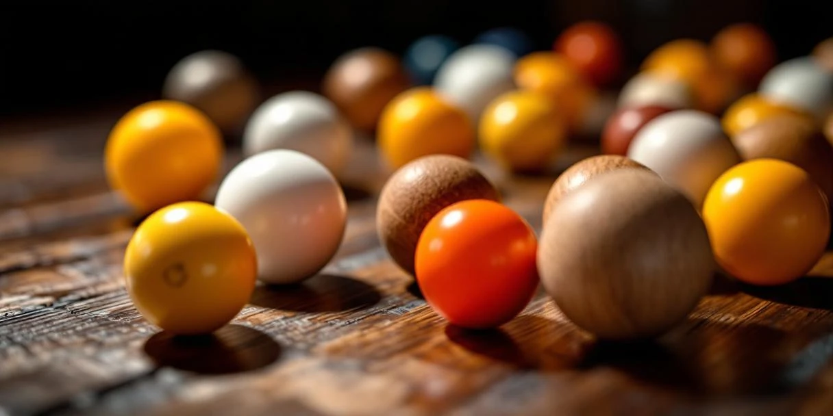 Verschillende voetbaltafel ballen in wit, geel en oranje op donkere houten ondergrond met dramatische belichting