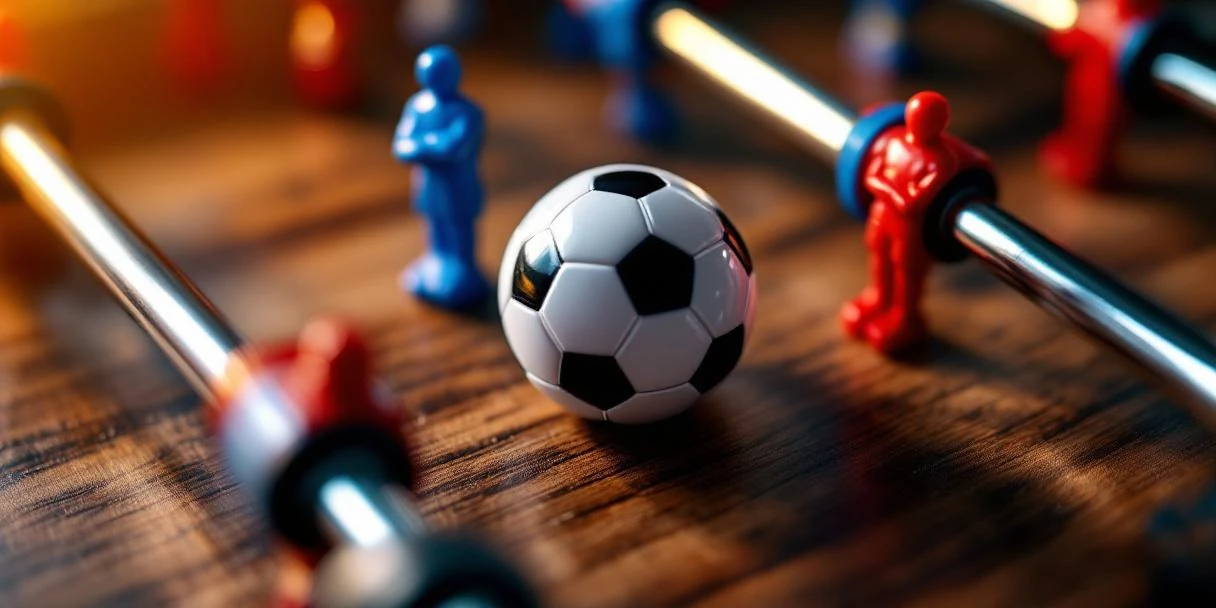 Foosball spelers in rood en blauw rond witte voetbal op houten tafel met chromen stangen en warme verlichting