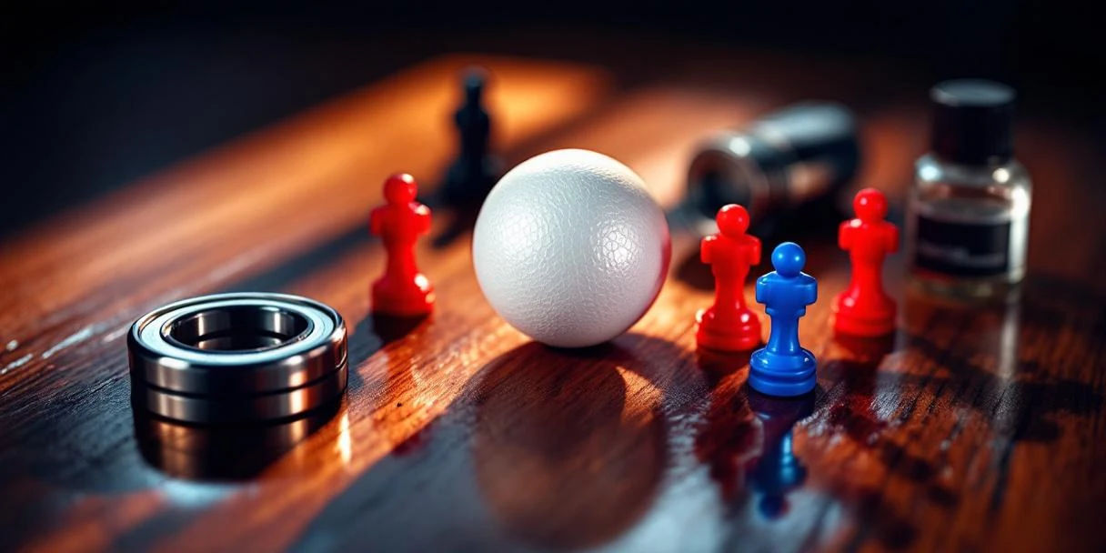 Tafelvoetbal accessoires op houten oppervlak: witte bal, chrome lager, rode en blauwe spelers, smeermiddel fles