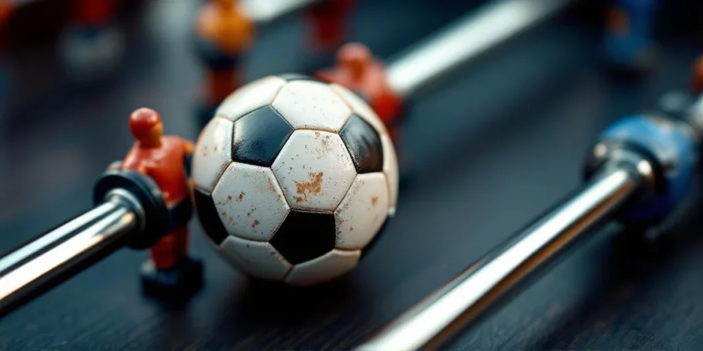 Voetbaltafel accessoires: witte bal met zwarte patronen, rode en blauwe spelers, en chromen bedieningsstang op donker hout