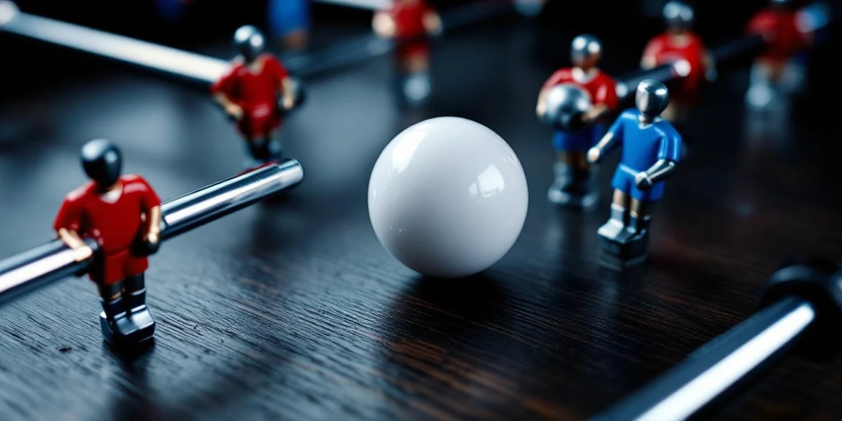 Foosball accessoires op donkere houten tafel: witte bal, rode en blauwe spelers, chrome stangen met zachte belichting