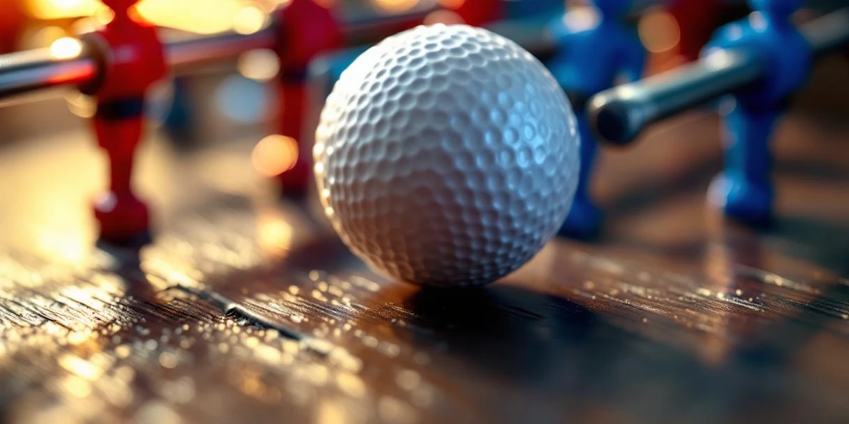 Witte tafelvoetbalbal met textuur op donkere houten ondergrond, omringd door rode en blauwe spelersfiguren en chromen stangen