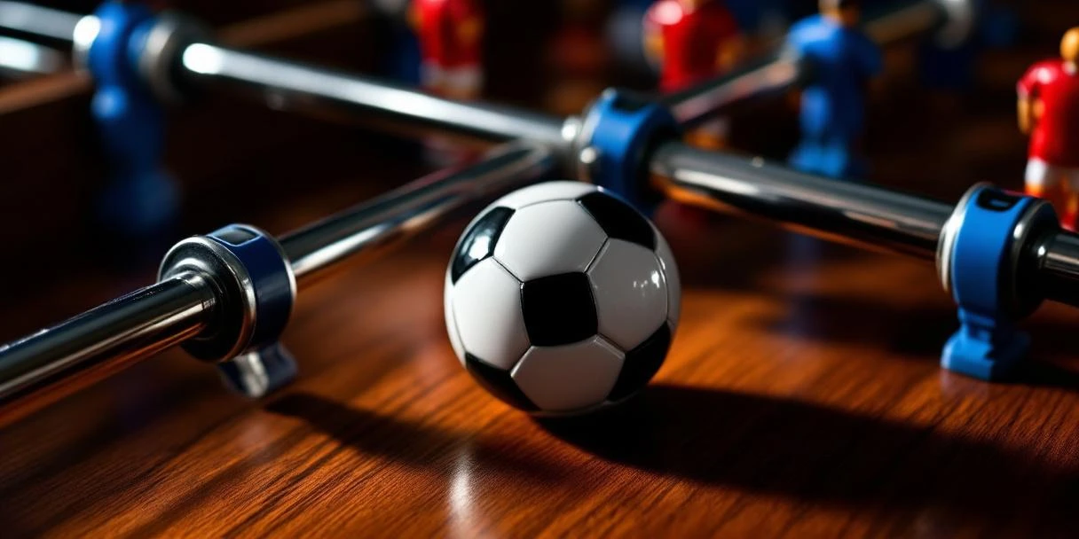 Voetbaltafel accessoires op houten ondergrond: witte bal, rode en blauwe spelers, chromen stang