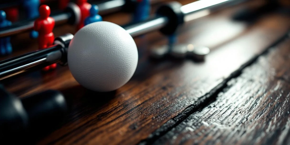 Witte gestructureerde tafelvoetbalbal op donker hout met chromen speelstangen en rode en blauwe spelers op achtergrond
