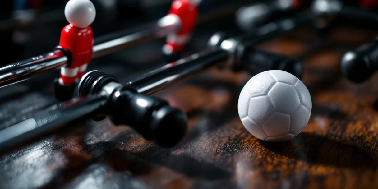 Voetbaltafel accessoires met witte bal, chrome stangen en rode en witte spelers op donkere houten ondergrond